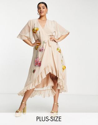Hope & Ivy Plus embroidered wrap maxi dress in peach floral