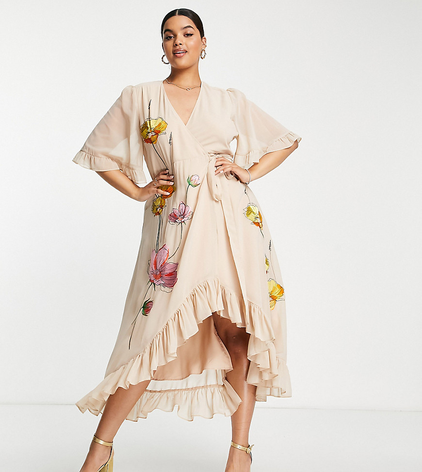 Hope & Ivy Plus embroidered wrap maxi dress in peach floral-Pink