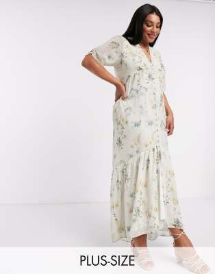 Hope & Ivy Plus exclusive button front maxi dress with high low hem in soft floral-Multi