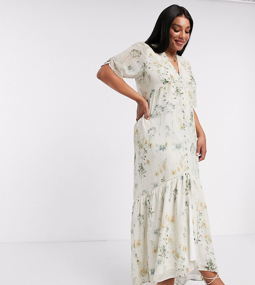 Hope & Ivy Plus exclusive button front maxi dress with high low hem in soft floral-Multi