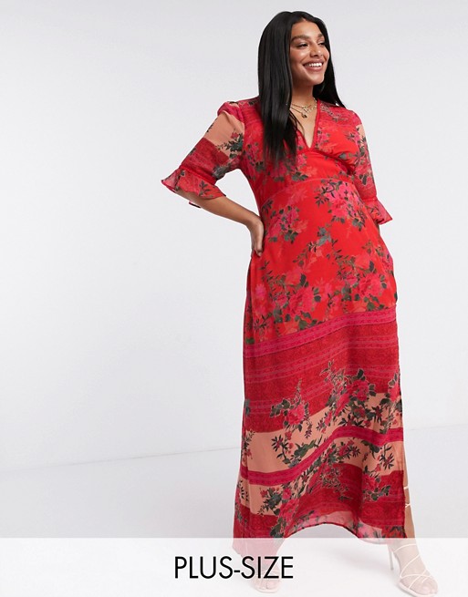 Hope & Ivy Plus exclusive plunge midaxi dress with fluted sleeves in red contrast floral