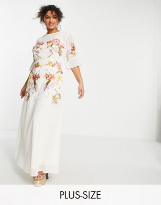 Hope & Ivy Plus fluted sleeve embroidered maxi dress in ivory