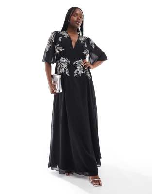 flutter sleeve embellished maxi dress in black