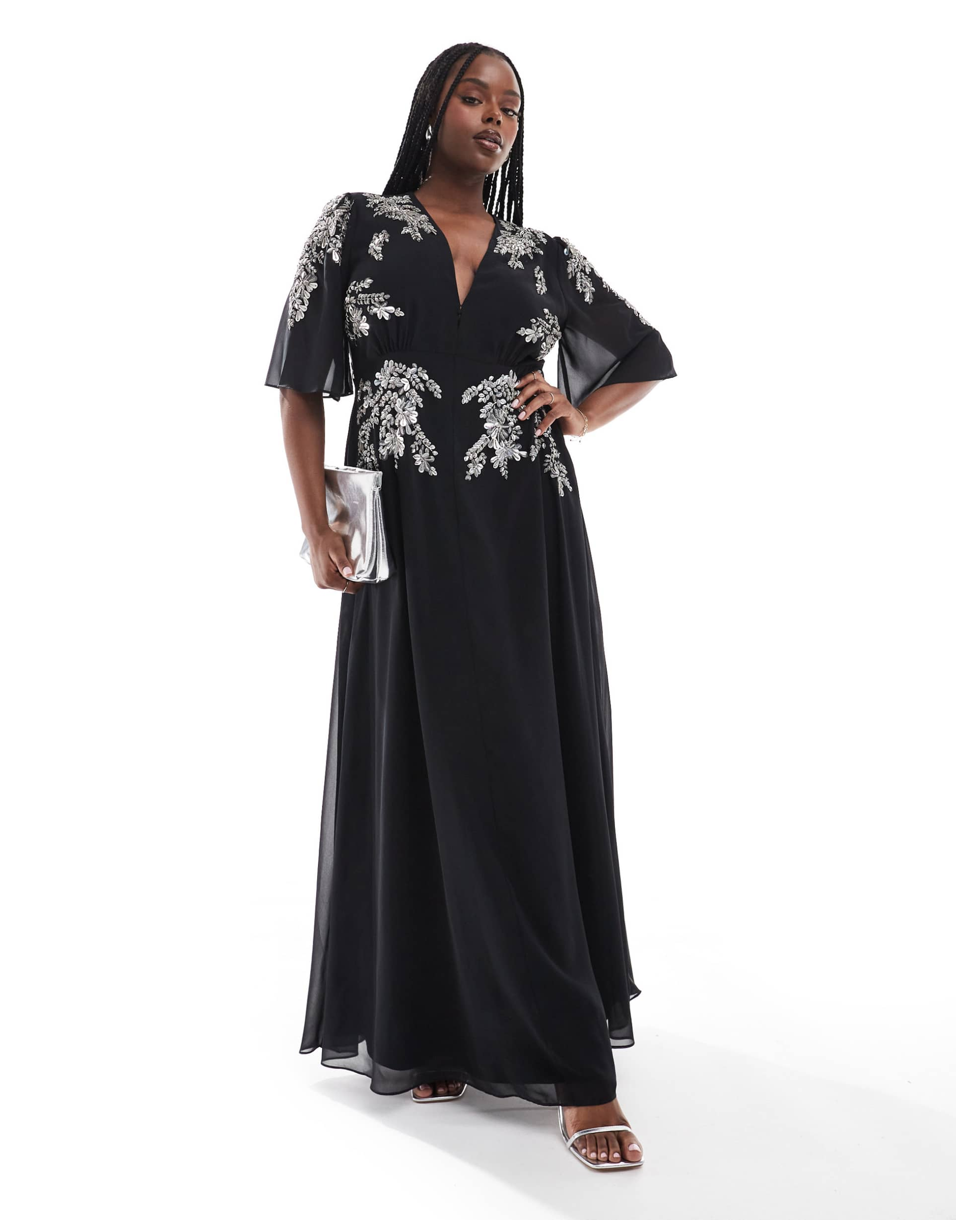 hope & ivy plus flutter sleeve embellished maxi dress in black