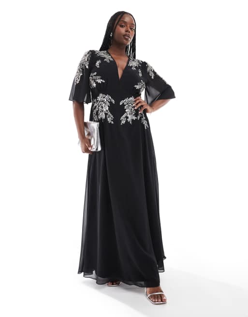Hope Ivy Plus flutter sleeve embellished maxi dress in black ASOS