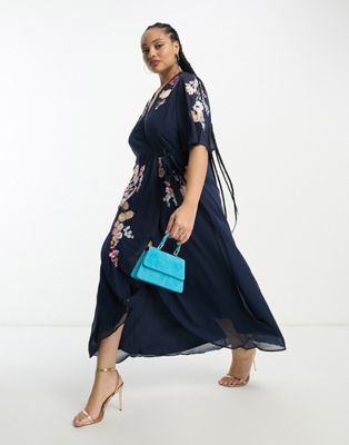 Hope & Ivy Plus flutter sleeve embroidered wrap maxi dress in navy floral