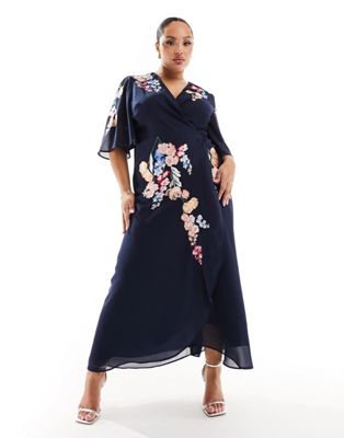 Hope & Ivy Plus flutter sleeve embroidered wrap midi dress in navy - ASOS Price Checker