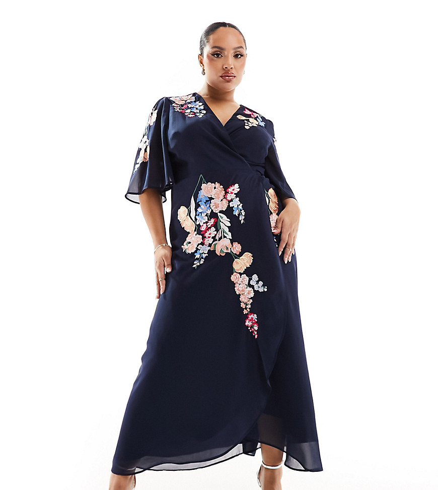flutter sleeve embroidered wrap midi dress in navy
