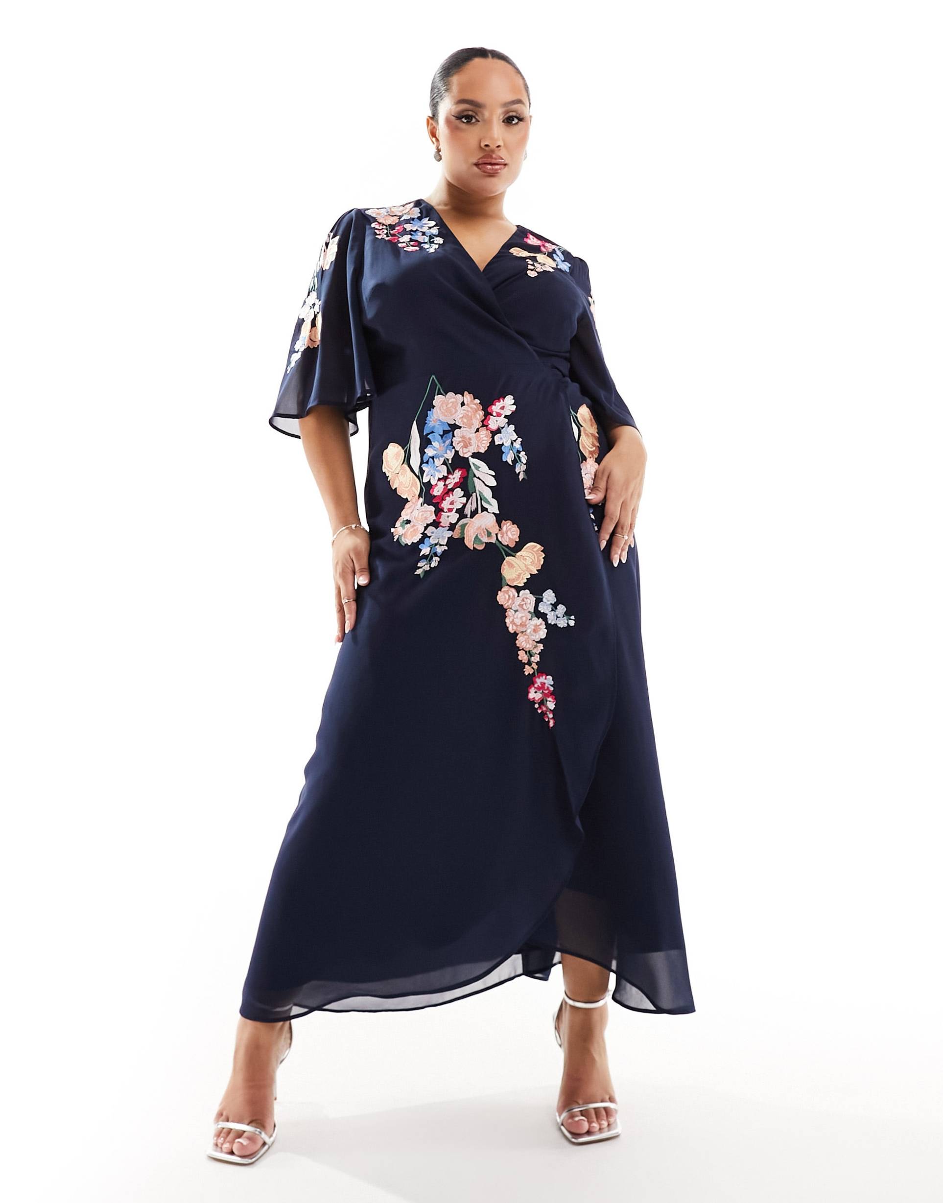 hope & ivy plus flutter sleeve embroidered wrap midi dress in navy