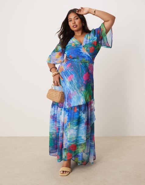Hope & Ivy Plus flutter sleeve maxi wrap dress in blue floral - view 1
