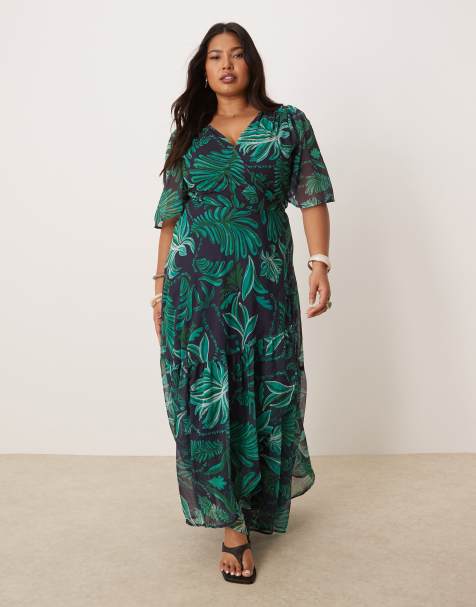 Hope & Ivy Plus flutter sleeve maxi wrap dress in turquoise palm print - view 1