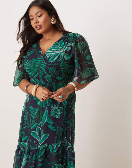 Hope & Ivy Plus flutter sleeve maxi wrap dress in turquoise palm print, 2 of 4