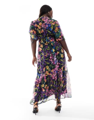 Hope & Ivy Plus Flutter Sleeve Maxi Wrap Dress With Tie Waist In Purple