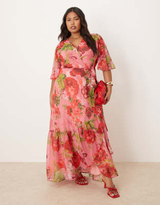 hope & ivy plus flutter sleeve maxi wrap dress with tie waist in red multi