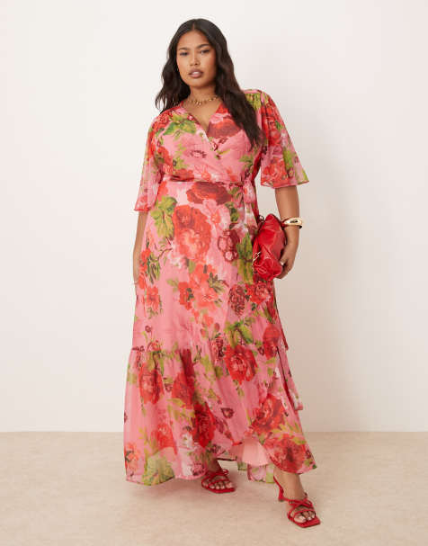 Hope & Ivy Plus flutter sleeve maxi wrap dress with tie waist in red multi