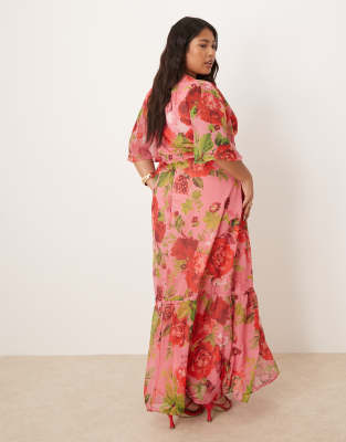 HOPE & IVY PLUS FLUTTER SLEEVE MAXI WRAP DRESS WITH TIE WAIST 