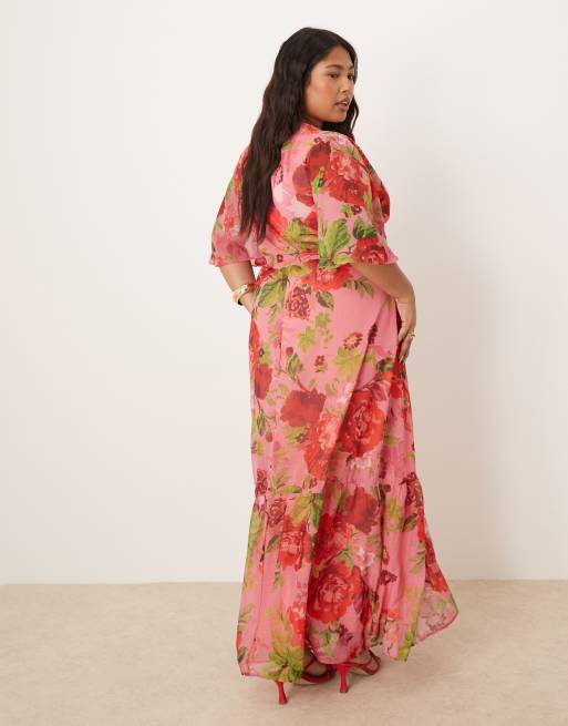 Hope & Ivy Plus flutter sleeve maxi wrap dress with tie waist in red multi, 2 of 4