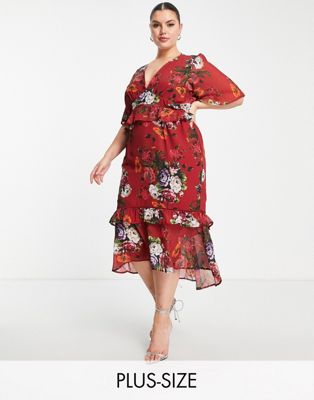 Hope & Ivy Plus Flutter Sleeve Midi Tea Dress In Mixed Floral-multi ...