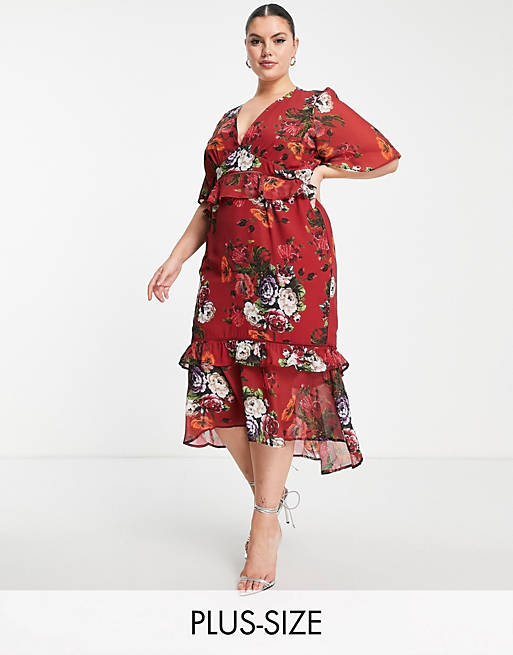 Hope & Ivy Plus flutter sleeve midi tea dress in mixed floral