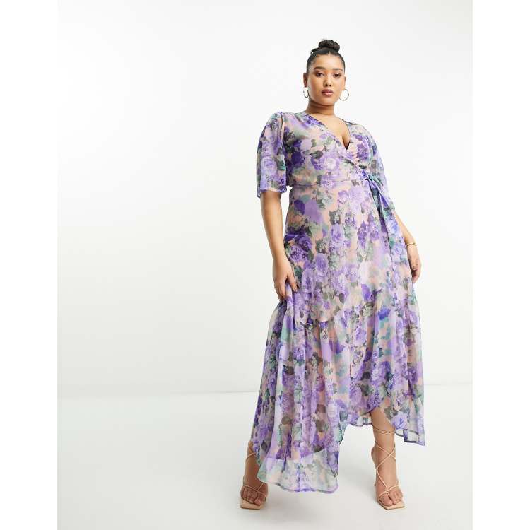 Hope u0026 Ivy Plus flutter sleeve wrap maxi dress in blue floral | ASOS
