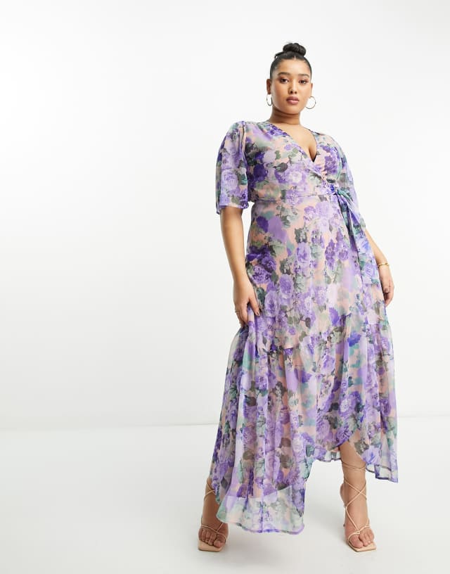 Hope & Ivy Plus flutter sleeve wrap maxi dress in blue floral