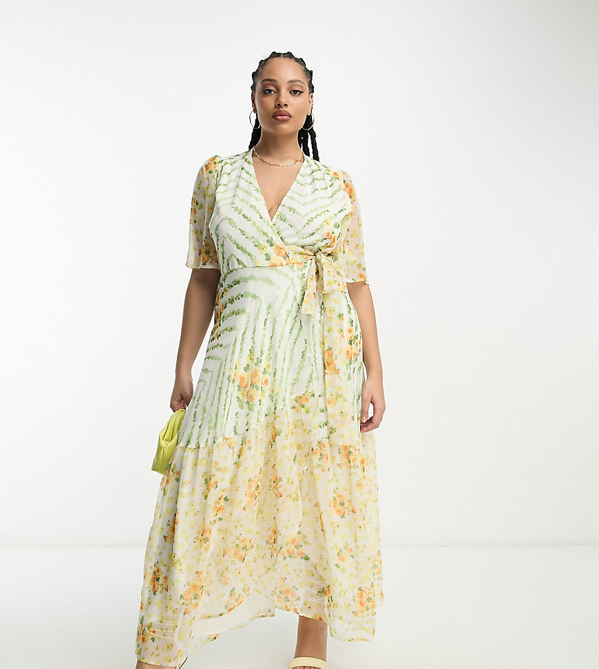 Hope & Ivy Plus flutter sleeve wrap maxi dress in contrast green floral-Multi