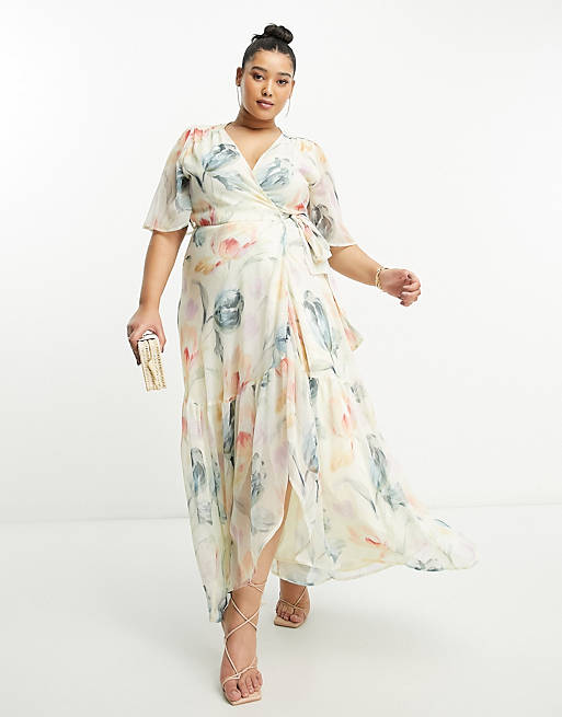 Hope & Ivy Plus flutter sleeve wrap maxi dress in cream floral