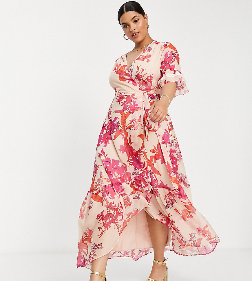Hope & Ivy Plus flutter sleeve wrap maxi dress in fuchsia floral-White