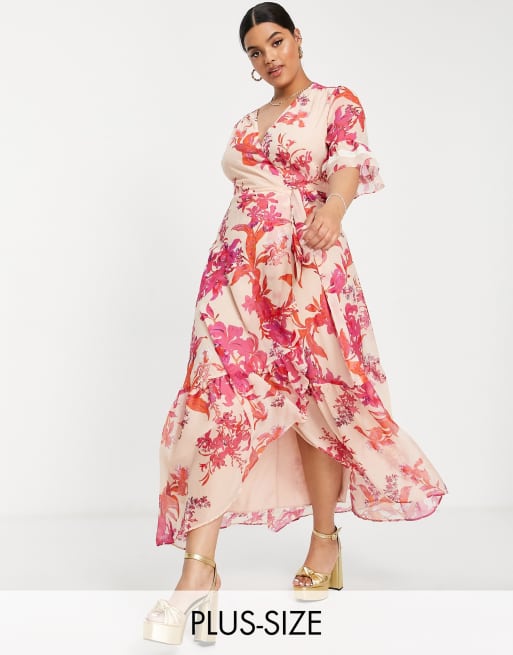 Hope Ivy Plus flutter sleeve wrap maxi dress in fuchsia floral