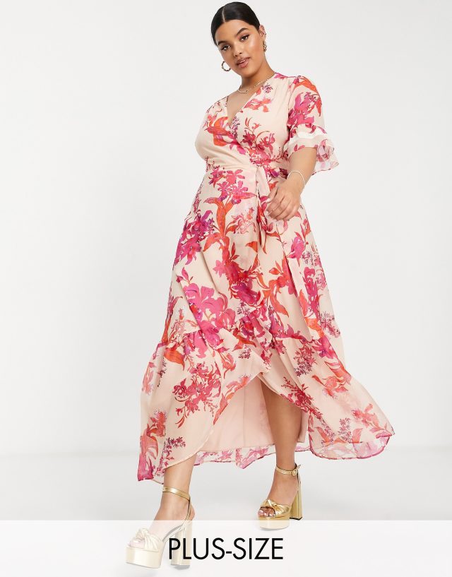 Hope & Ivy Plus flutter sleeve wrap maxi dress in fuchsia floral