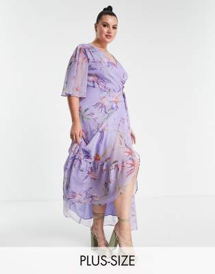 Hope & Ivy Plus flutter sleeve wrap maxi dress in purple floral