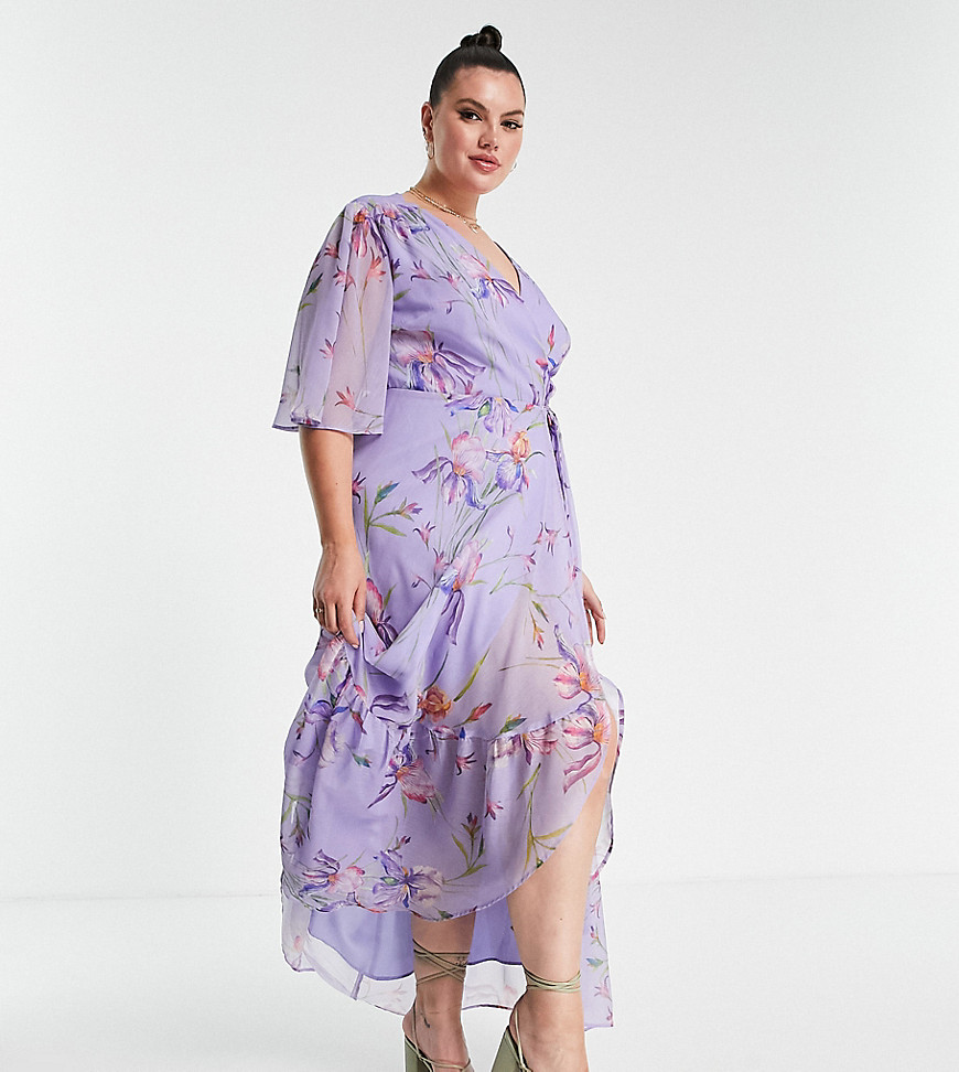 Hope & Ivy Plus flutter sleeve wrap maxi dress in purple floral-White