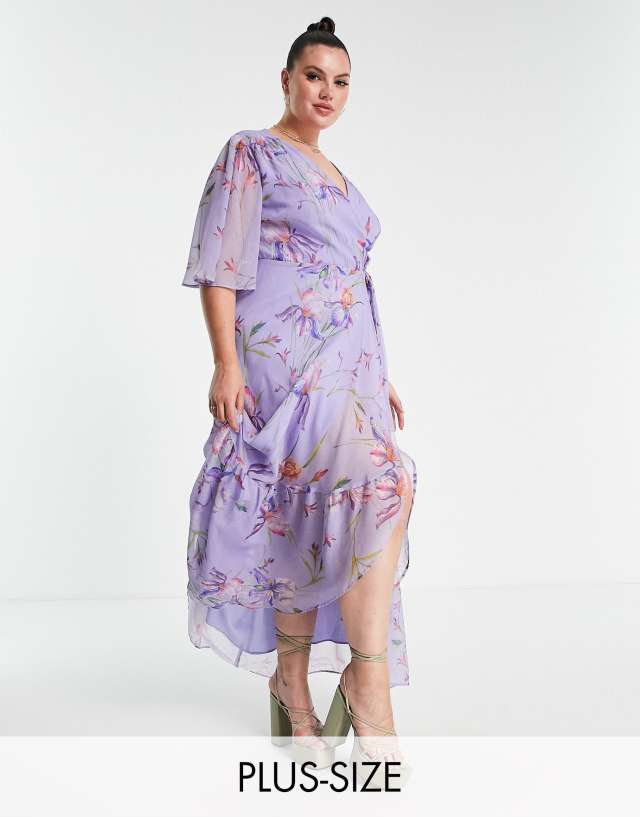 Hope & Ivy Plus flutter sleeve wrap maxi dress in purple floral