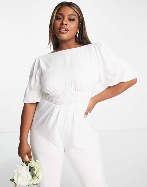 Hope & Ivy Plus – För bruden – Elfenbensvit jumpsuit med puffärmar och rosett baktill, 4 av 4