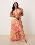 [Hope & Ivy Plus] Hope & Ivy Plus frill sleeve maxi wrap dress in coral with gold fleck-Orange 26 Coral multi
