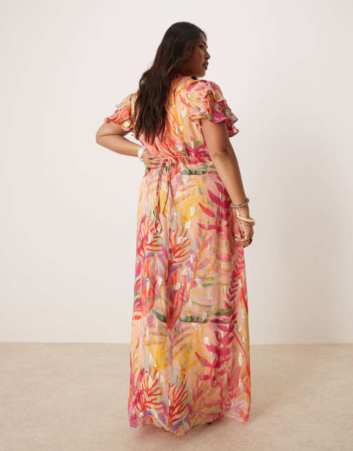 Hope & Ivy Plus frill sleeve maxi wrap dress in coral with gold fleck, 4 of 4