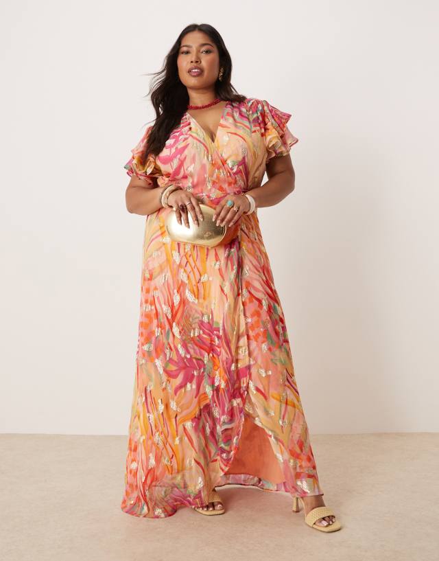 coral and gold maxi dress Hope & Ivy Plus frill sleeve wrap in with flecks soft fabric