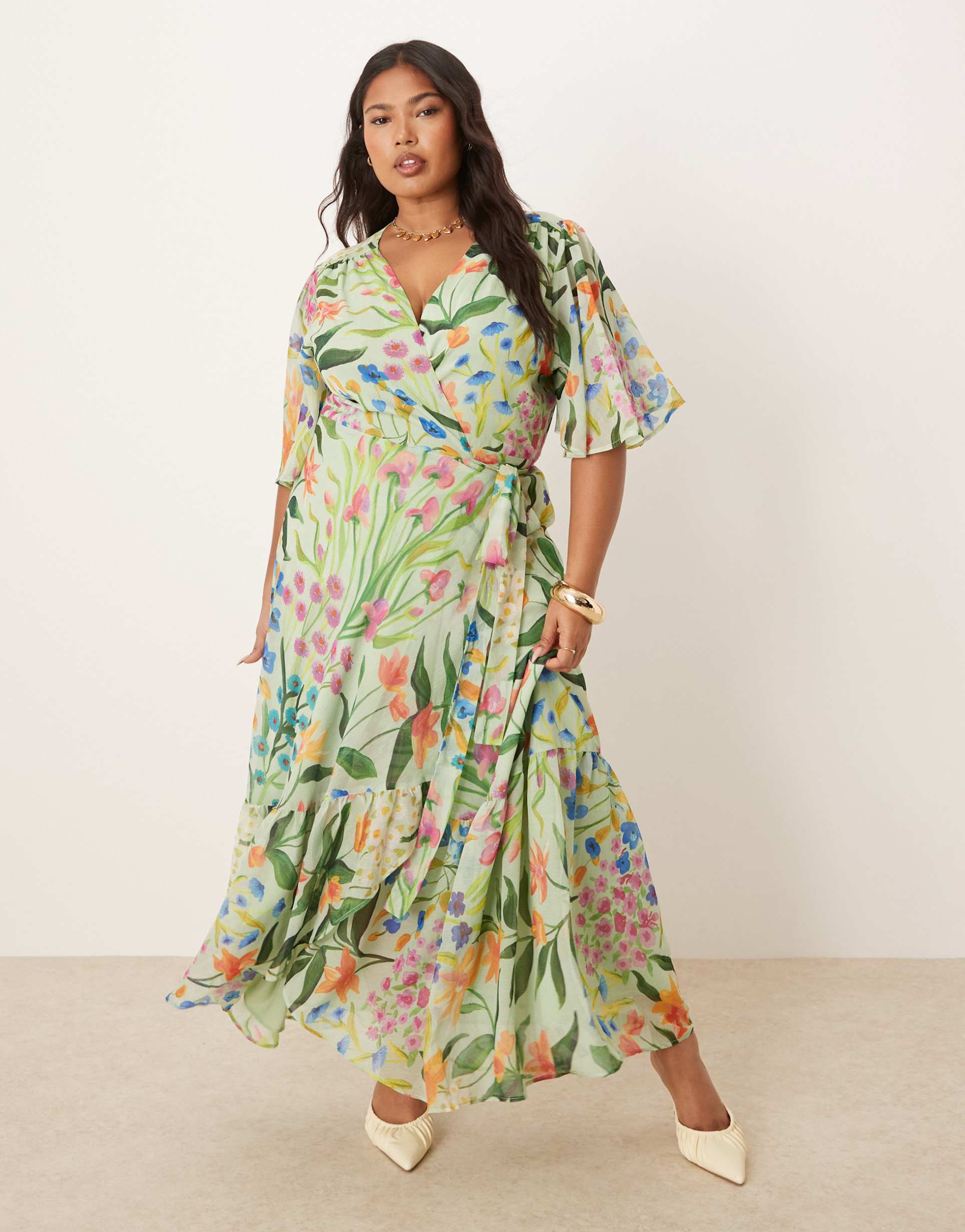 hope & ivy plus frill sleeve maxi wrap dress with tie waist in green print