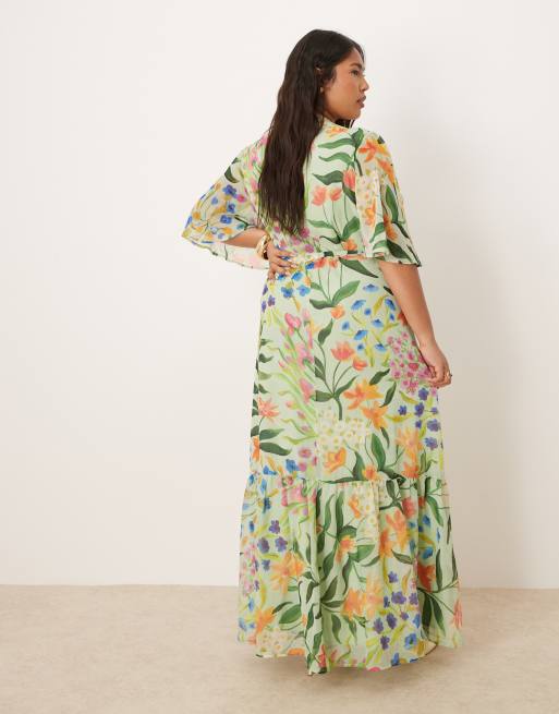 Hope & Ivy Plus frill sleeve maxi wrap dress with tie waist in green print  | ASOS