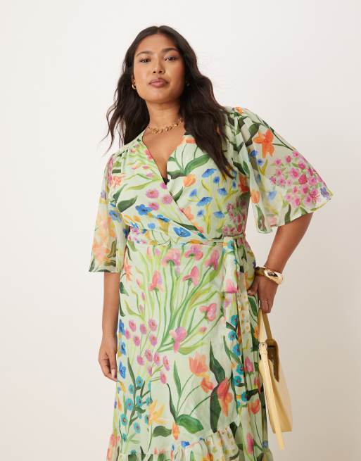 Hope & Ivy Plus frill sleeve maxi wrap dress with tie waist in green print  | ASOS