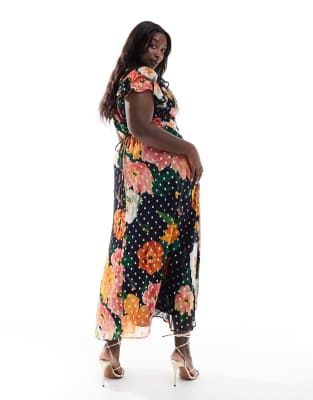 Hope & Ivy Plus Frill Sleeve Maxi Wrap Dress With Tie Waist In Navy