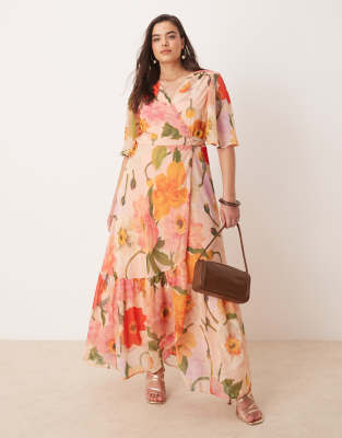 Hope & Ivy Plus Hope & Ivy Plus frill sleeve maxi wrap dress with tie waist in pink floral