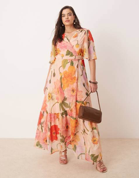 Hope & Ivy Plus frill sleeve maxi wrap dress with tie waist in pink floral - view 1