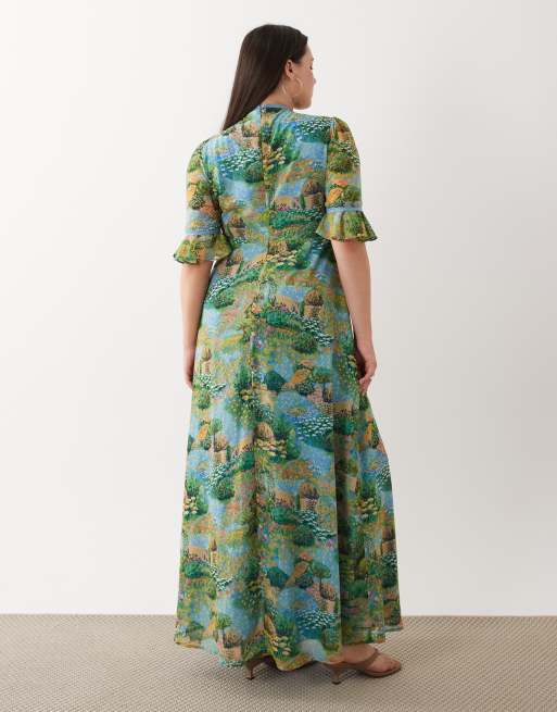 Hope & Ivy Plus frill sleeve thigh split open back maxi dress in river print, 4 of 4