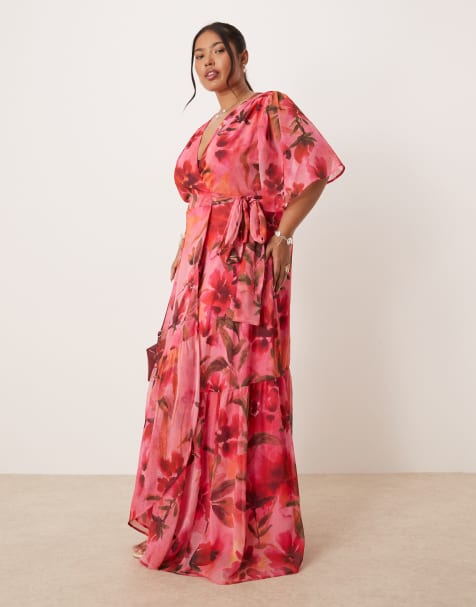 Hope & Ivy Plus – Geblümtes Maxi-Wickelkleid in Rosa mit Flatterärmeln - view 1