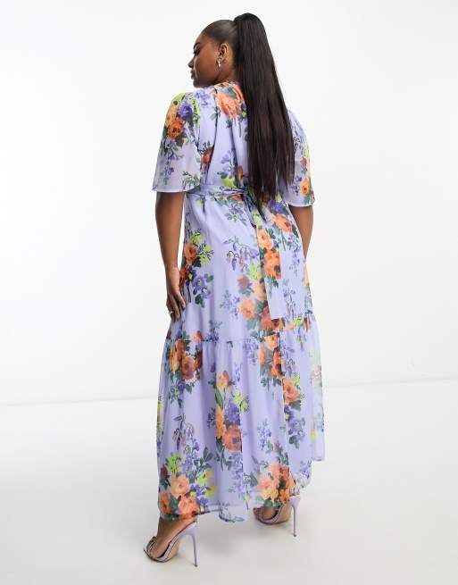 Hope & Ivy Plus – Geblümtes Midaxikleid in Flieder mit Flatterärmeln und Wickeldetail, 3 von 4