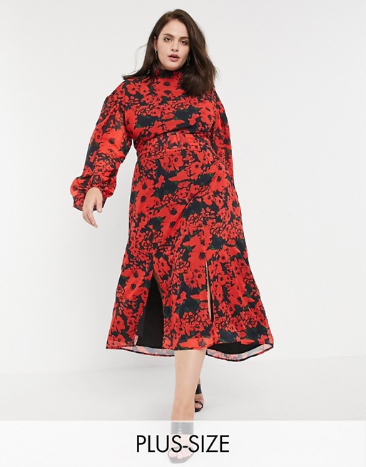 Hope & Ivy Plus high neck belted midaxi dress with open back in vibrant poppy print