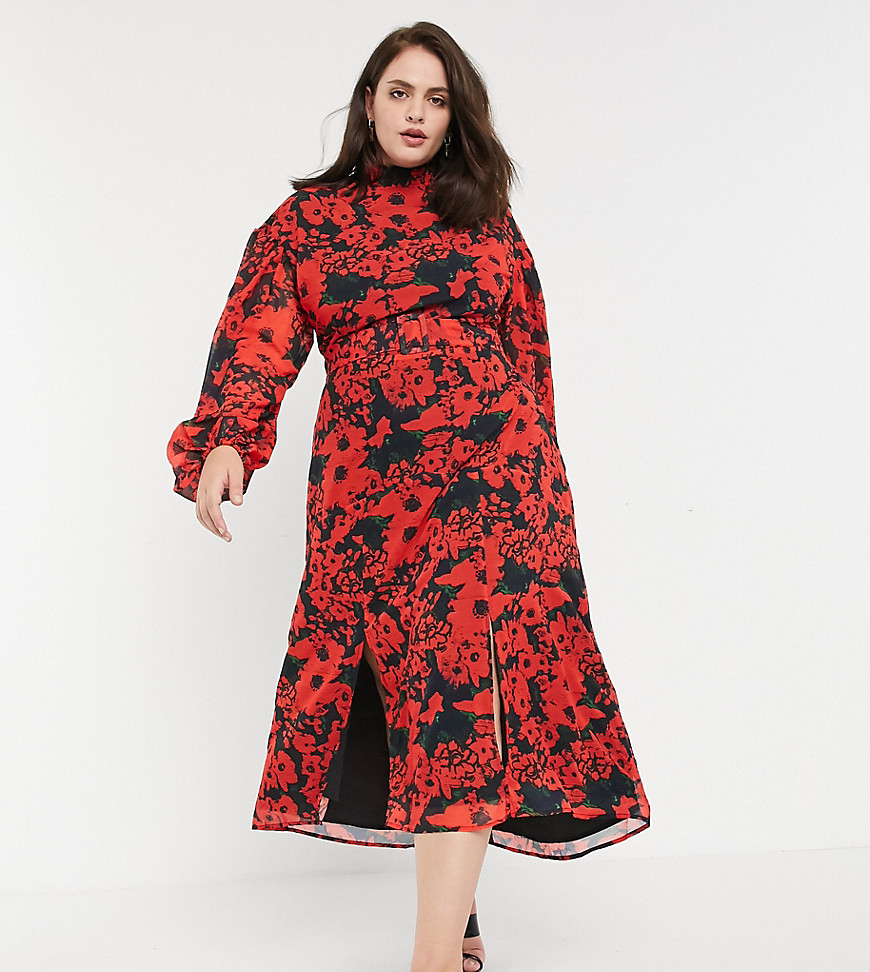 Hope & Ivy Plus high neck belted midaxi dress with open back in vibrant poppy print-Multi