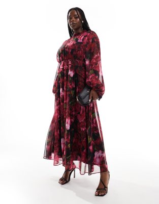 high neck chiffon maxi dress in dark based red floral print