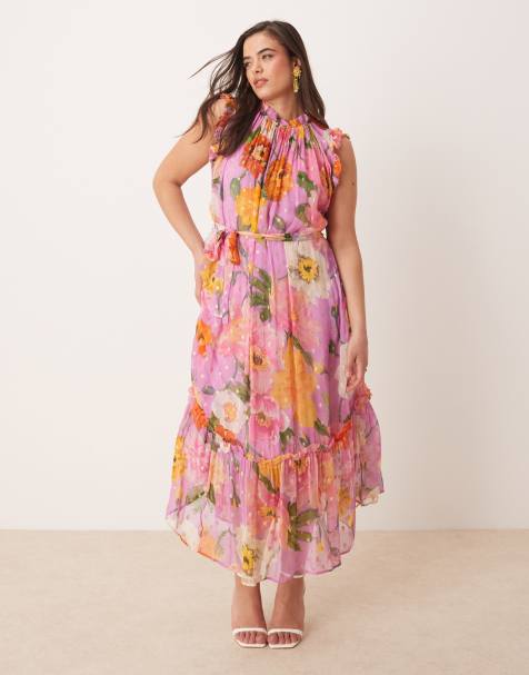 Hope & Ivy Plus high neck ruffle midi dress with tie waist in pink print - view 1